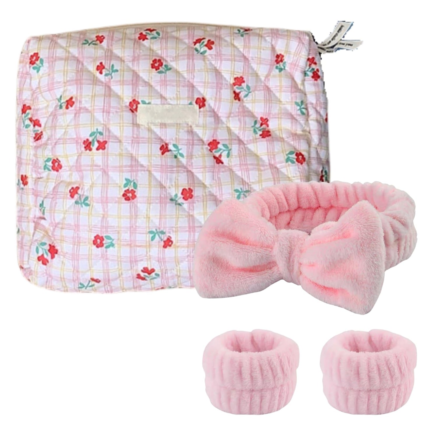 YOOLOVE 2Pcs Makeup Bag Gift for Girls Women, Large Quilted Cosmetic Bags, Cute Puffer Travel Toiletry Pouch Purse for Brush Organizer (Quilted-pink flower)