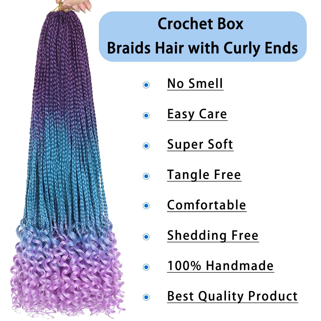 8 Packs 30 Inch Crochet Box Braids Hair with Curly Ends Pre looped Goddess Box Braids Crochet Hair Box Braids Braiding Hair Crochet Braids Hair for Women(30 inch,Purple/Lake Blue/Light Purple)