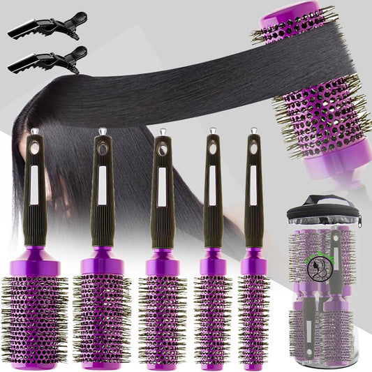 5pcs Round hair Brush Set for Blow Drying Curling, Professional curly hair brushBrush Leaves Hair Shiny Heat Styling Brush 5 Different Sizes Works Very Well with The Blow Dryer