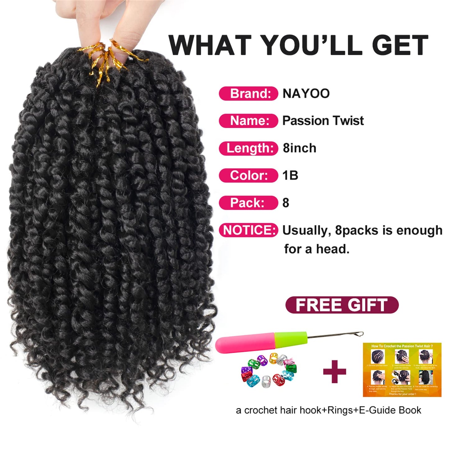 Passion Twist Hair - 8 Packs 8 Inch Passion Twist Crochet Hair For Women, Crochet Pretwisted Curly Hair Passion Twists Synthetic Braiding Hair Extensions(8 Inch 8 Packs, 1B)