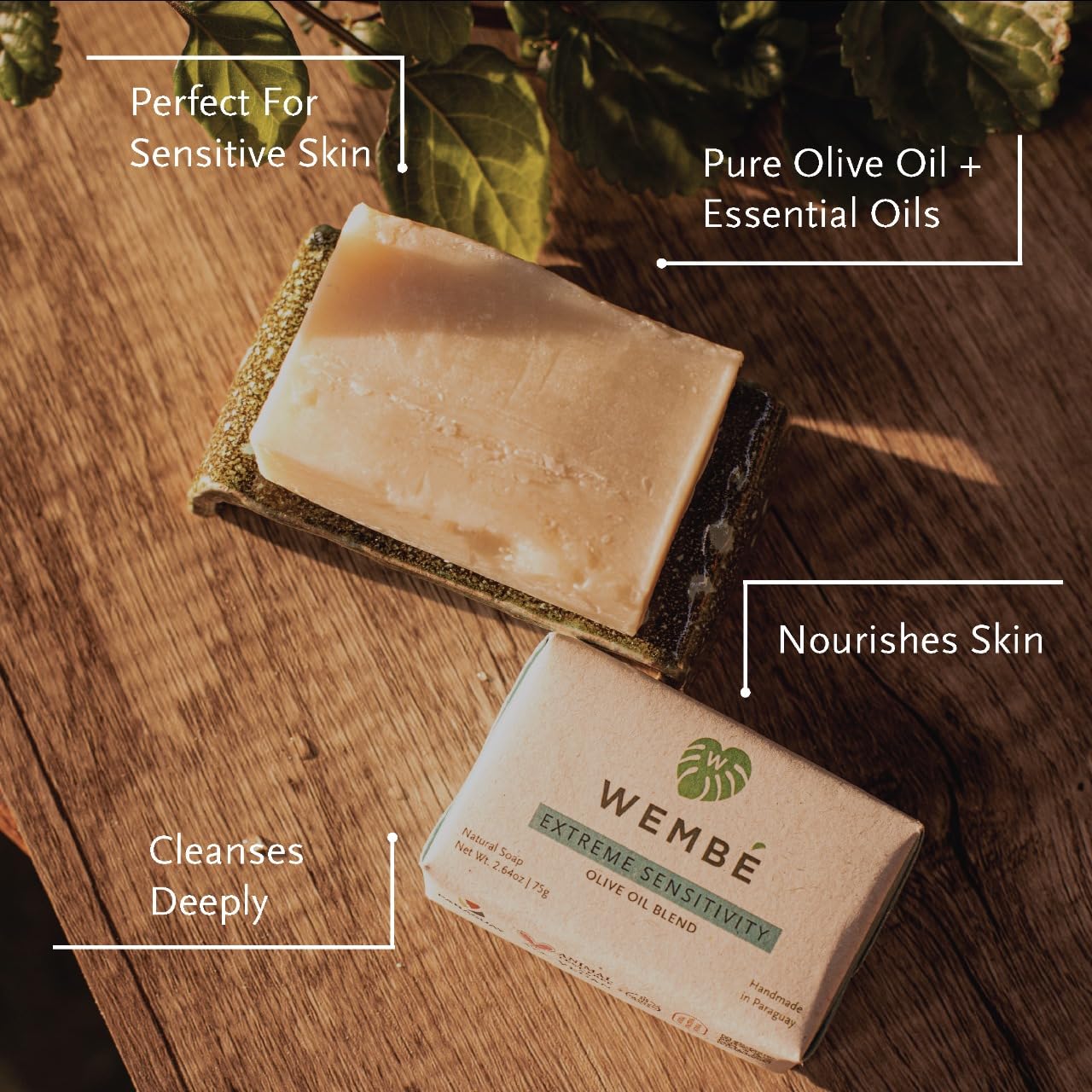 Wembé Soap Bar Handmade in Paraguay + Natural Essential Oils & Fruits - Hypersensitive Olive Oil (5.6oz)