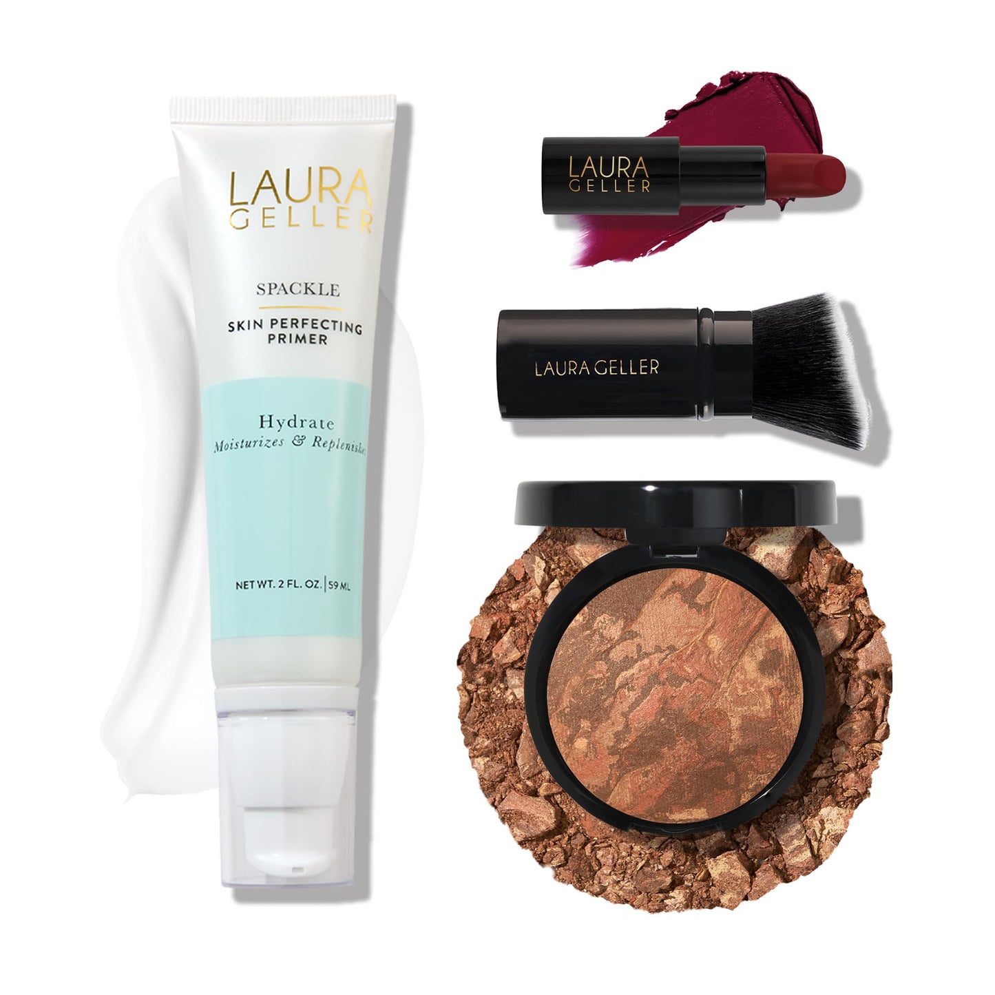 LAURA GELLER NEW YORK Effortless Essentials Kits (4pc): Baked Balance-n-Brighten Foundation, Deep + Spackle Makeup Primer, Hydrate + Modern Classic Matte Lipstick, Berry Bliss + Kabuki