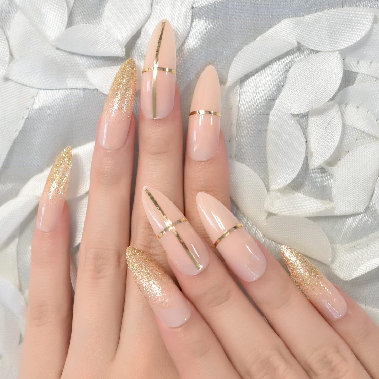 ELEVENAIL Beige Nude Glitter French Press on False Nails Super Long Stiletto Salon DIY Manicure Reusable Fake Acrylic Nail Art Tips for Women Girls with Jelly Adhesive Tabs Nail FileC