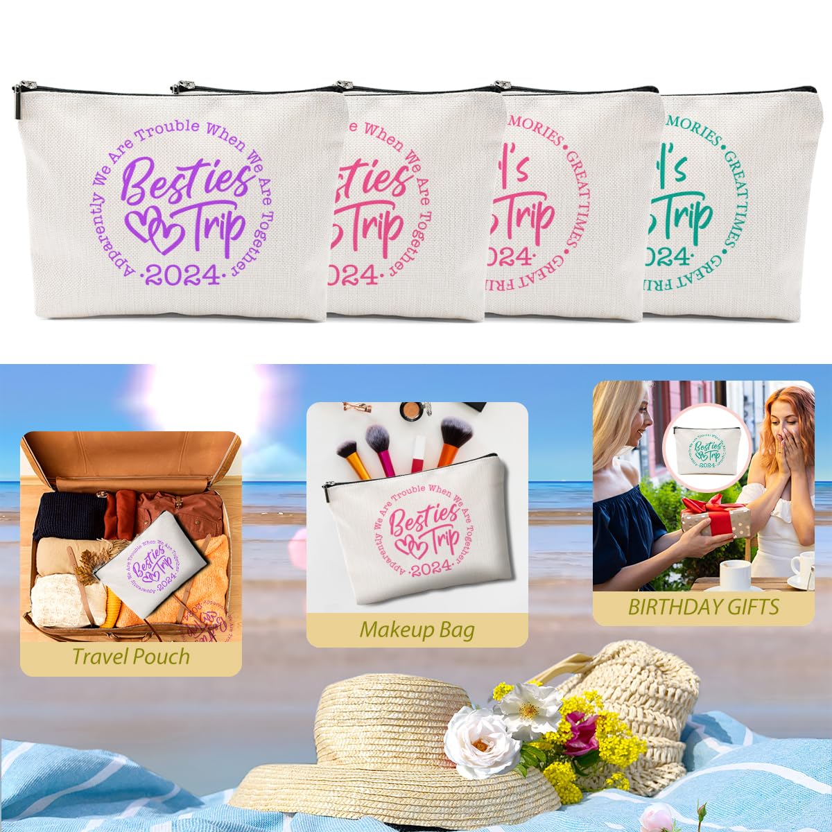 4Pcs Bestie Gifts, Girls Trip Gifts Favors Funny Makeup Bag, Girls Weekend Gifts Travel Gifts Cosmetic Bag, Friendship Gifts for Women Best Friend Weekend Bag, Graduation Wedding Gifts Toiletry Bag