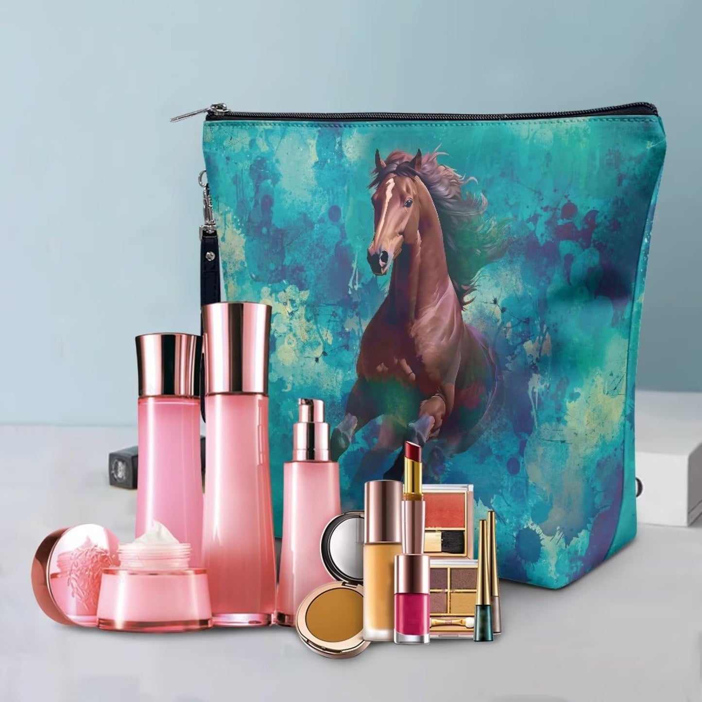 Wanzuoeng Handle Zipper Makeup Bag, 3D Horse Print Travel Bag, Large Capacity Leather Cosmetic Bag, Waterproof Portable Toiletry Bag