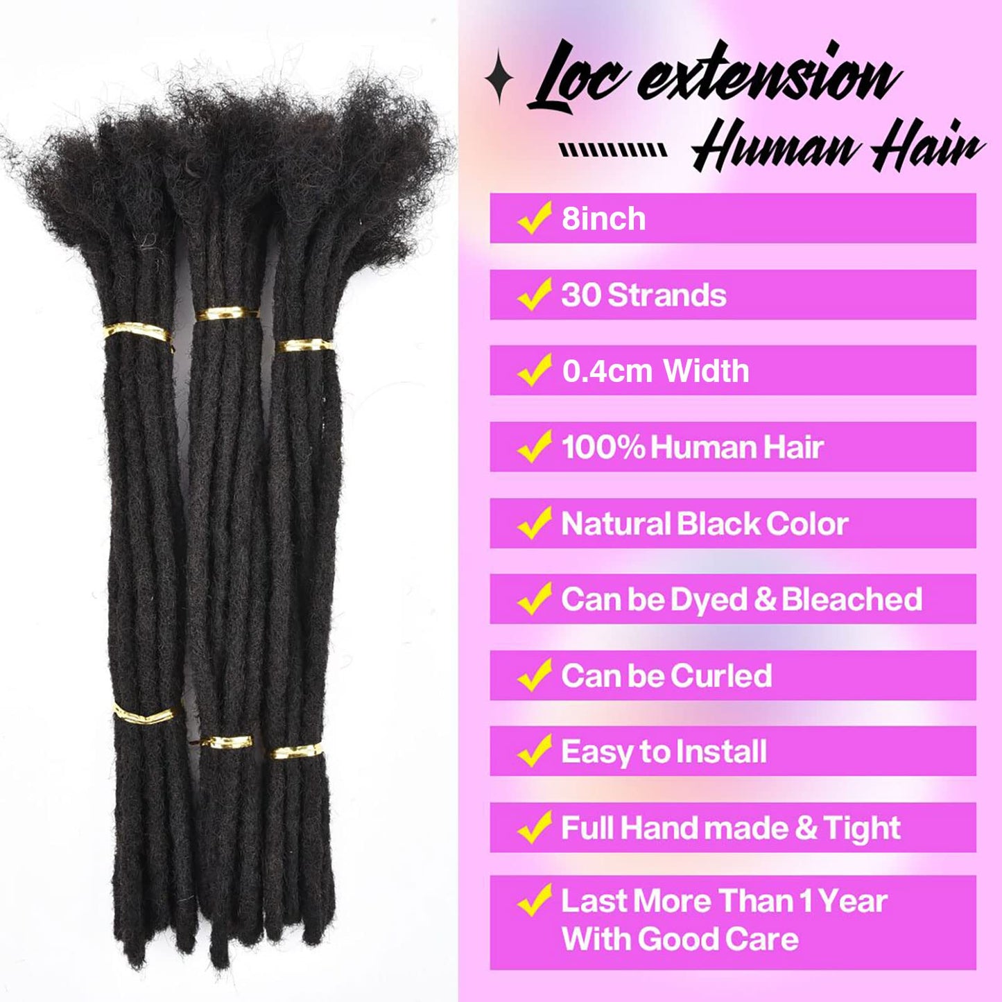 Loc Extensions Human Hair Dreadlock Extensions for Men/Women 100% Real Human Hair Permanent Dreadlock Extensions Locs Extensions Human Hair Can Be Dyed (30 Locs-8 Inch, 0.4cm-1B Natural Black)