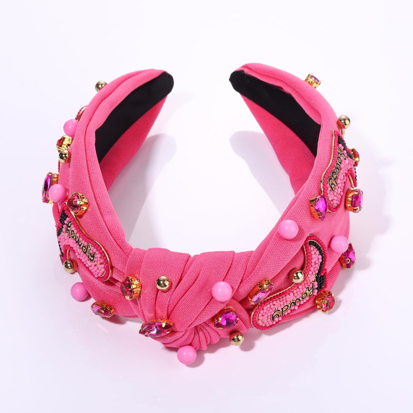 Hot Pink Knotted Headband Western Cowgirl Headband Accessories for Women Beaded Cowboy Boot Embellished Headband Rhinestone Crystal Pearl Top Knot Headband Rodeo Nashville Bachelorette Party Country