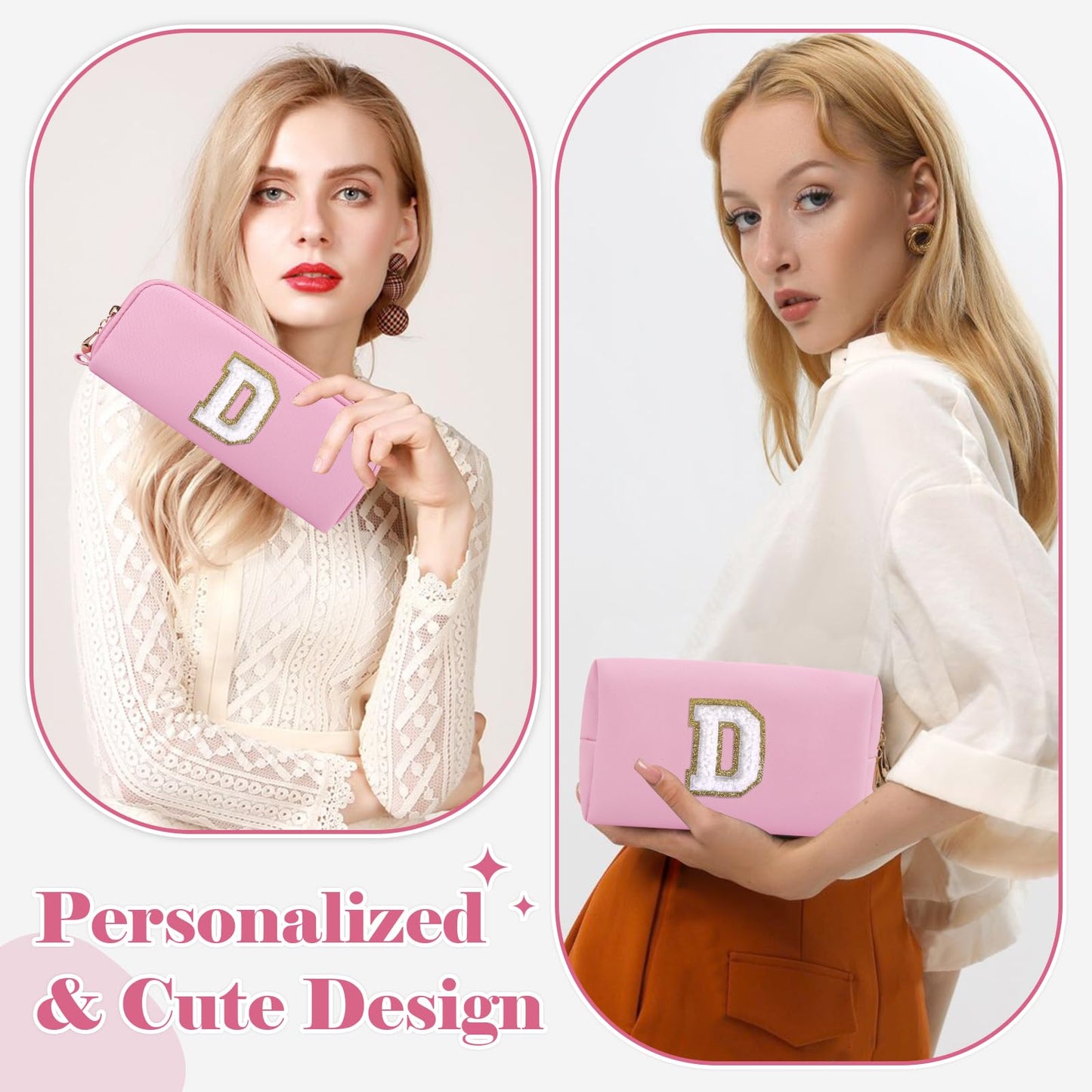 2Pack Personalized Initial Letter Patch Makeup Bag,Pink Cute Preppy Cosmetic Bag with Small Makeup Brush Bag,PU Travel Toiletry Zipper Pouch,Personalized Gifts for Women Teen Girls Friend Mom,Letter D