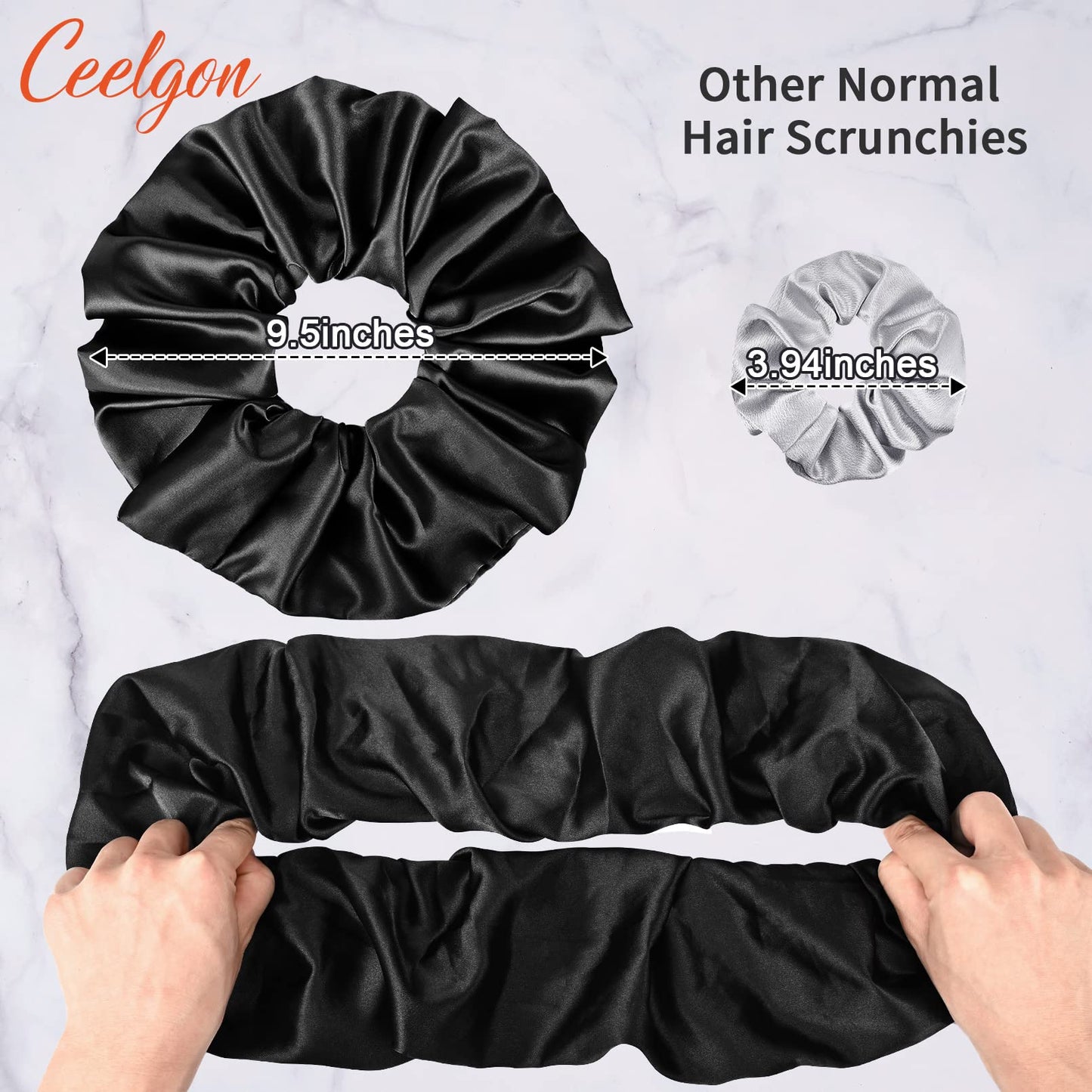 9.5 inch Silk Scrunchies Oversized Scrunchie Jumbo Scrunchies Giant Silk Scrunchie Extra Large Satin Scrunchies Thick Elastic Fluffy Hair Ties for Women and Girls 3 Pack (Black, Black, Black)