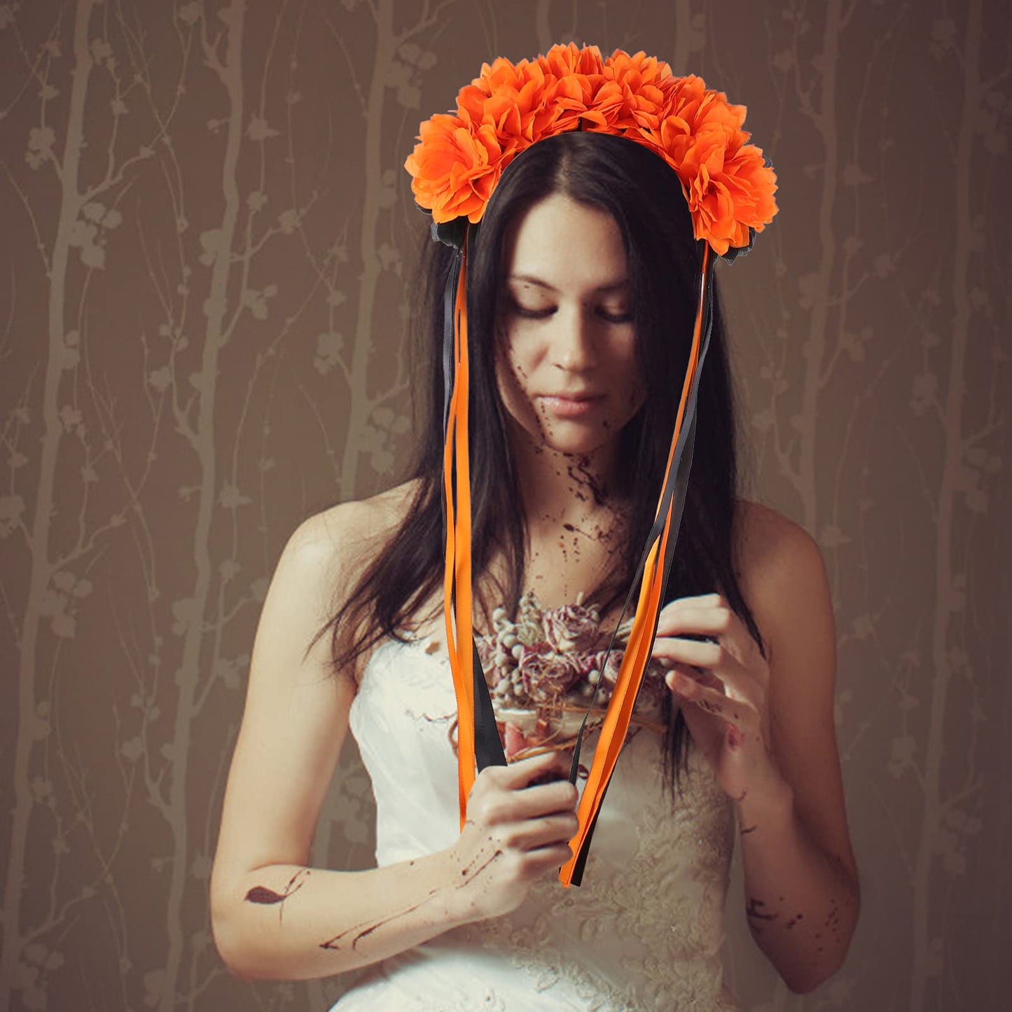 Halloween Wreath Headband Day of Dead Flower Crown Festival Headband Mexican Floral Headpiece with Ribbon for Girls Orange Black