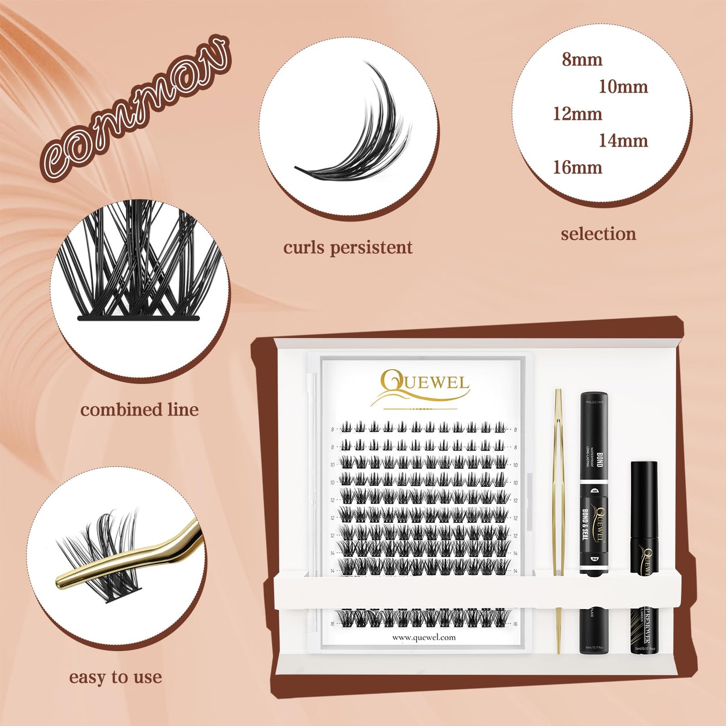 QUEWEL DIY Eyelash Extensions Kit, 144 Pcs Lash Clusters, Clusters Eyelash Applicator Tool, Super Hold Cluster Lashes Bond and Seal, Clusters Lash Glue Remover Easy to Apply at Home(Common-Kit)