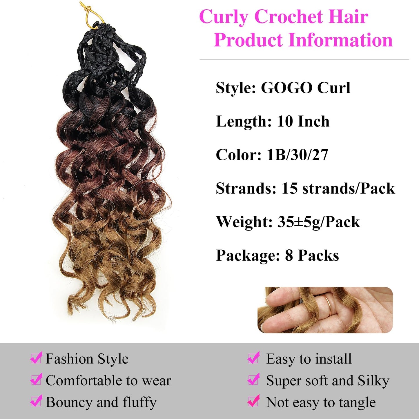 Gogo Curl Crochet Hair 10 Inch 8 Packs Curly Crochet Hair for Black Women Pre-Looped Deep Wave Crochet Hair Natural Water Wave Curly Beach Curl Crochet Hair Curly Braiding Hair Extensions(1B/30/27)