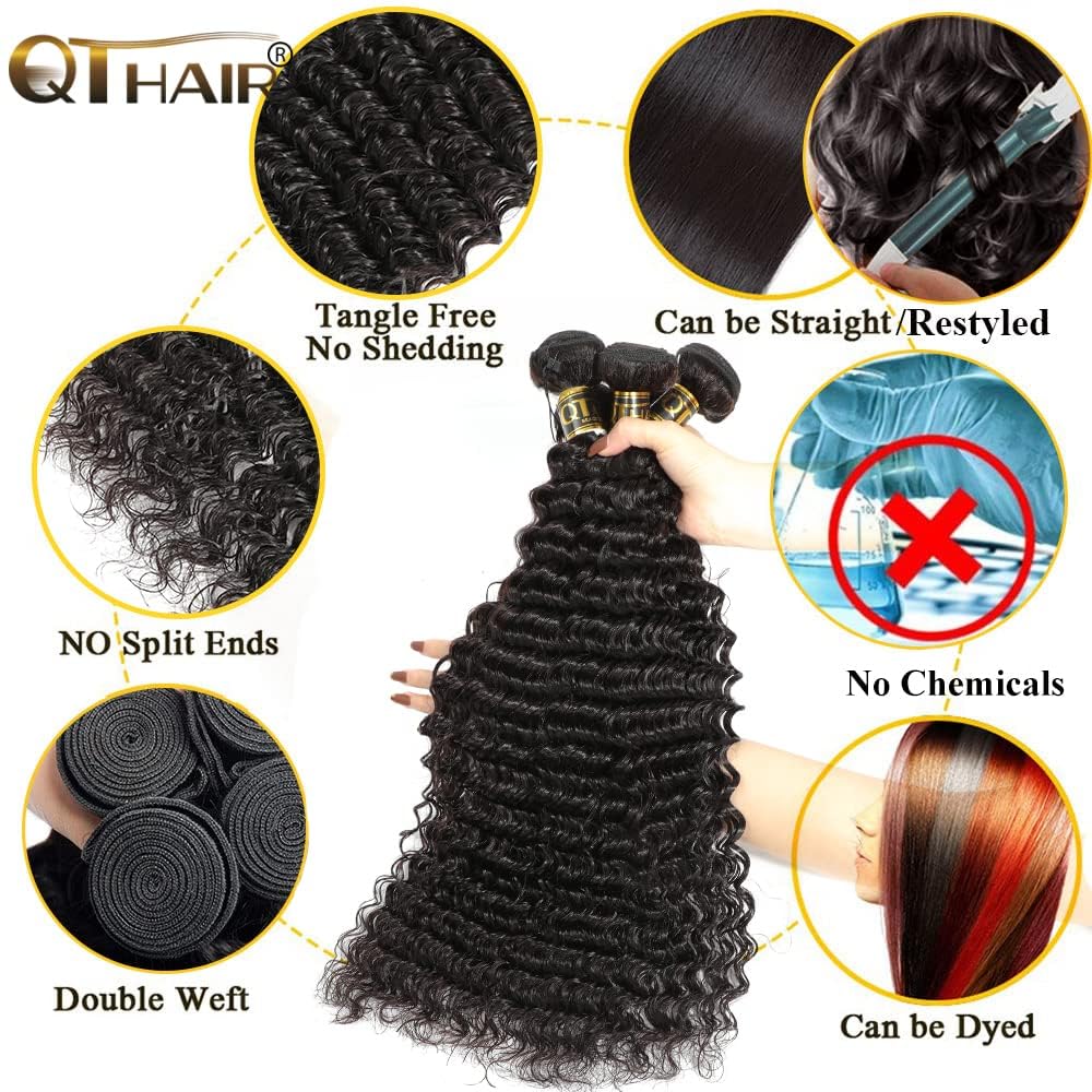 QTHAIR 14A Brazilian Virgin Hair Deep Wave Hair Extensions(18'' 20'' 22'' 24'',400g) 100% Unprocessed Deep Wave Brazilian Virgin Human Hair Wave Bundles