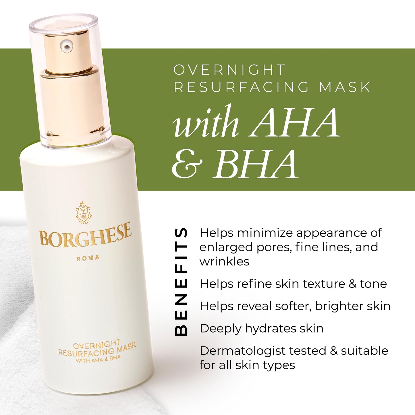 Borghese Overnight Resurfacing Mask with AHA & BHA, Exfoliating Overnight Mask for Smooth, Radiant Skin, Diminishes Fine Lines & Wrinkles 1.7 Fl Oz