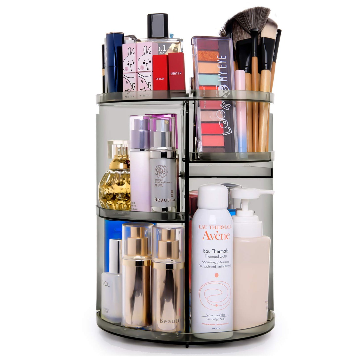 sanipoe 360 Rotating Makeup Organizer, Spinning Skincare Organizer,Cosmetic Display Case with Brush Holder Perfume Tray, Multi-Function Storage Carousel for Vanity Bathroom Countertop