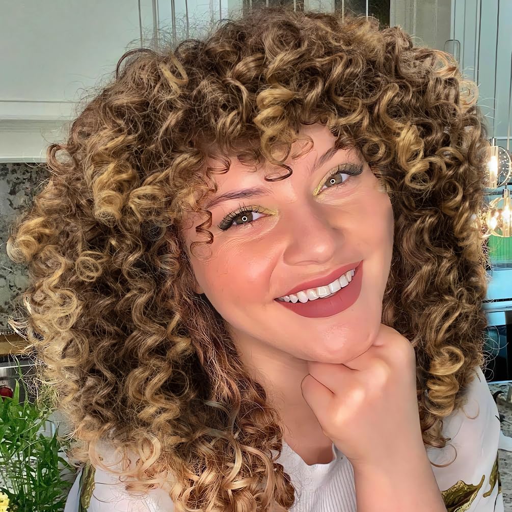 maxknow Curly Wigs for Black Women Fluffy Curly Afro Wig for Women Soft Synthetic Curly Black Wig with Bangs Full Wigs for Women Daily Use (#27H33 Brown Mixed Blonde)