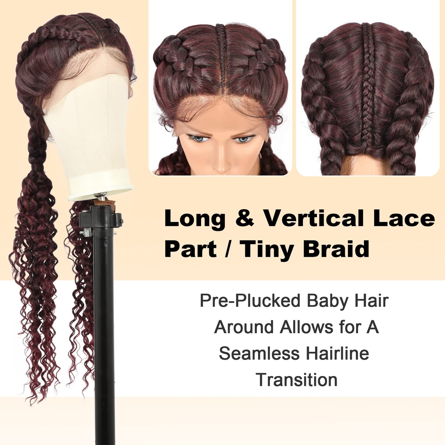 Brinbea 28" Braided Wigs Lace Front Dutch Box Braid Wigs with Baby Hair for Women Premium Human Hair Blended Lace Front Mix Black Burgundy Box Braided Wig with Curly Ends