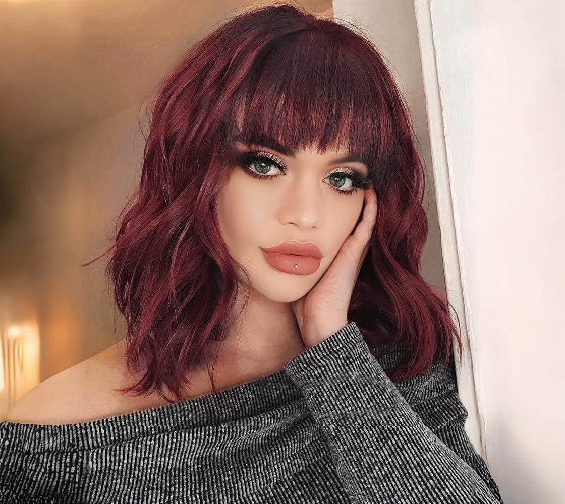 MINLEE Red Wig with Bangs for Women 14 Inch Short Bob Wavy Curly Wig Dark Red Hair Wigs Heat Resistant Synthetic Wigs