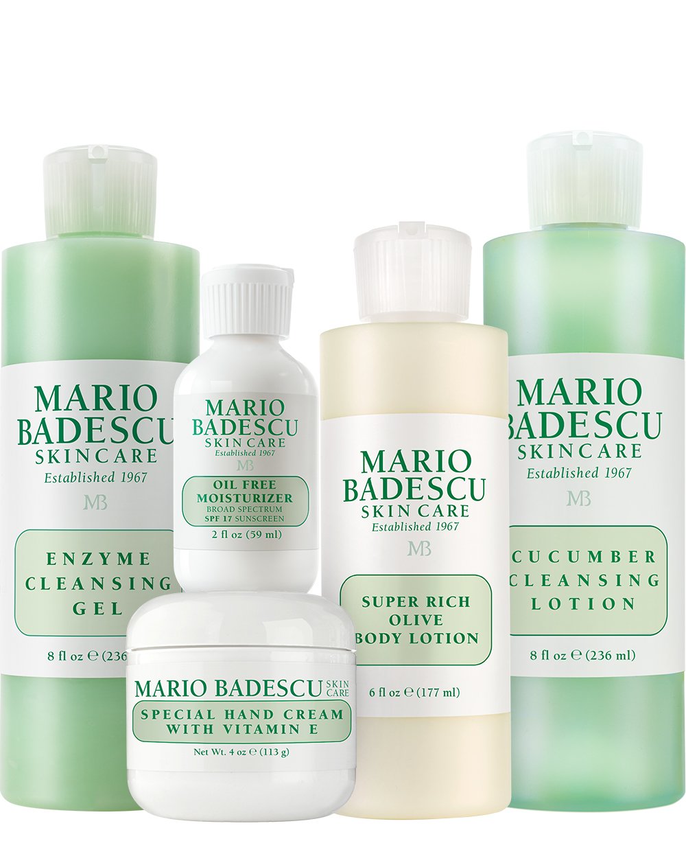 Mario Badescu MB Favorites Collection, Skin Care Gift Set Includes SPF 17 Moisturizer, Enzyme Cleansing Gel, Cucumber Cleansing Lotion, Hand Cream, Body Lotion, Cosmetic Bag & Compact Mirror