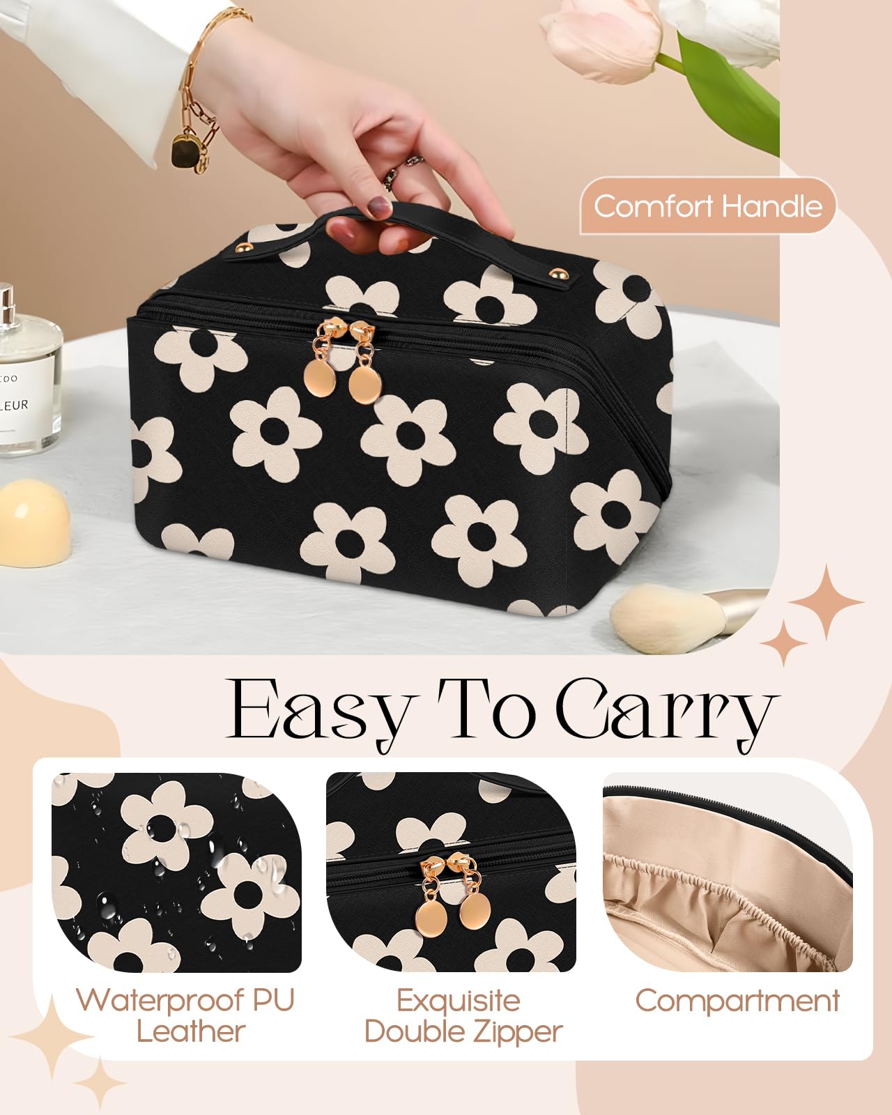 Bistup Makeup Bag Travel Cosmetic Bag Toiletry Make Up Bags Cute Women Large Capacity Big Medium Leather Black Flower Floral Aesthetic Girl Teen Teenage Square Foldable Expandable Open Flat Zip