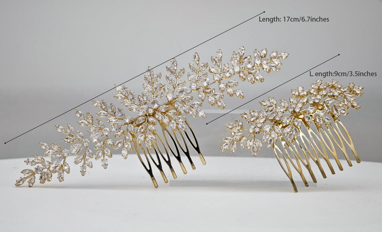 Cubic Zirconia Bridal Hair Comb Headpiece Crystal Hair Pieces for Brides Hair Clip Small Silver Wedding Hair Accessories Peinetas Para Cabello De Mujer Elegantes (Gold-Long)