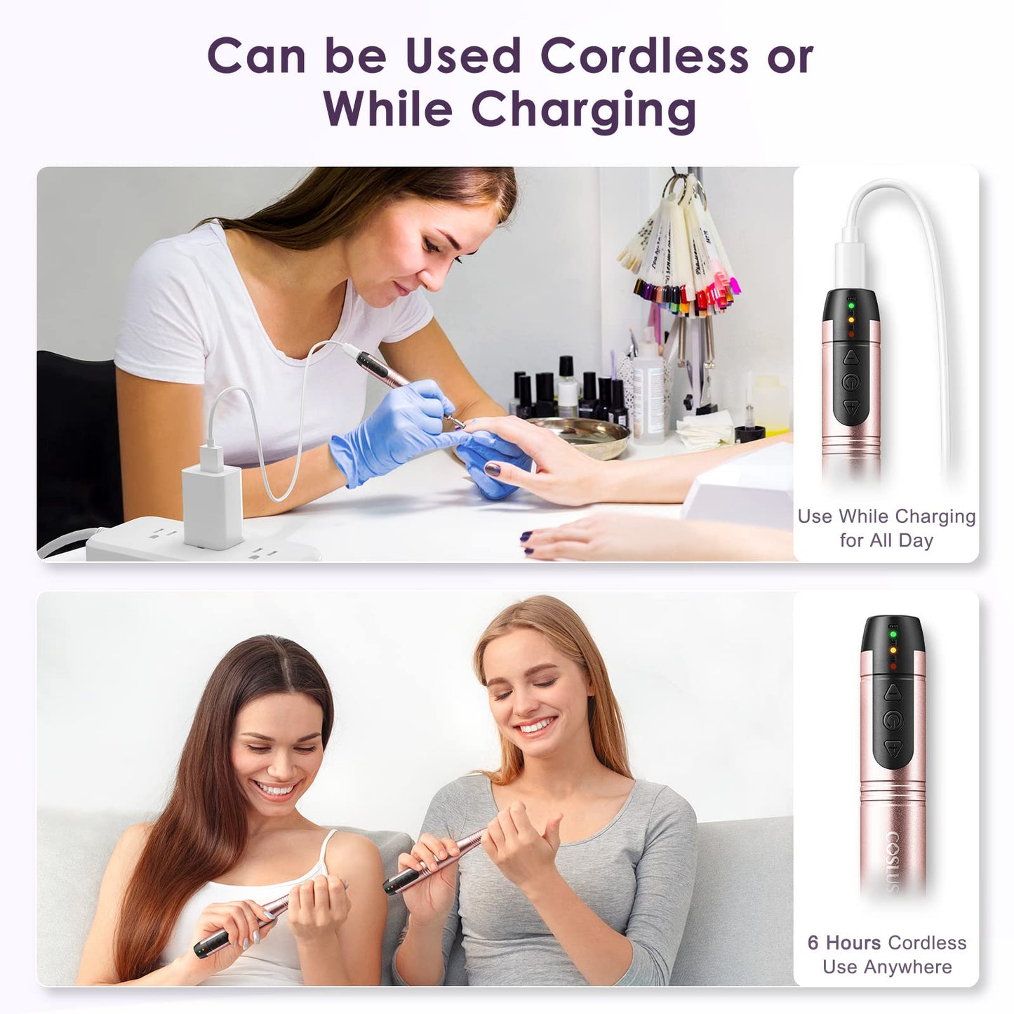 COSLUS Cordless Nail Drill Electric File: Professional for Acrylic Gel Dip Powder Nails Portable Nail Drill Machine Kit for Manicure Pedicure Nail Set with Everything Rechargeable Lightweight