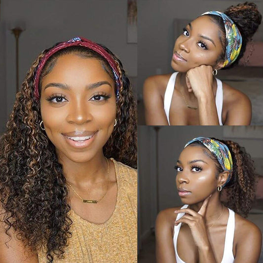 YMS Headband Wig Human Hair 2/30 Highlight None Lace Front Wigs Human Hair Curly Headband Wigs for Black Women 150% Density Human Hair Wigs(12 inch,Highlight 2/30)