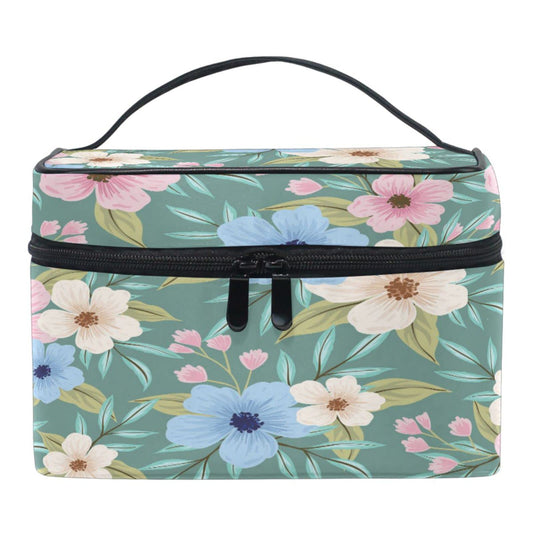 ZOEO Makeup Train Case Elegant Floral Tropical Green Light Summer Gold Korean Carrying Portable Zip Travel Cosmetic Brush Bag Organizer Large for Girls Women