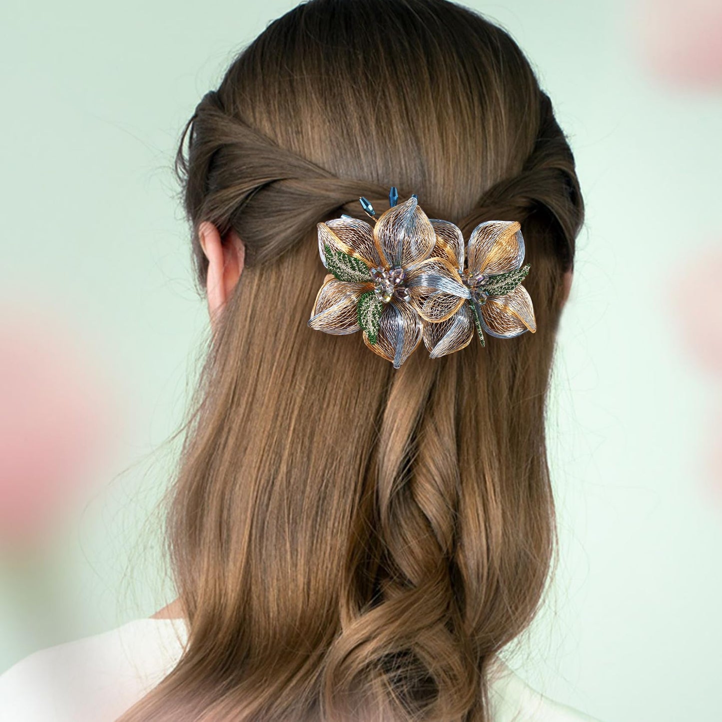 Mistofu Hair Barrettes - Copper Wire Flower Crystal Hair Clips - 3.93inch Hand-woven High-level design Barrettes - Lightweight Nonslip for Daily Party