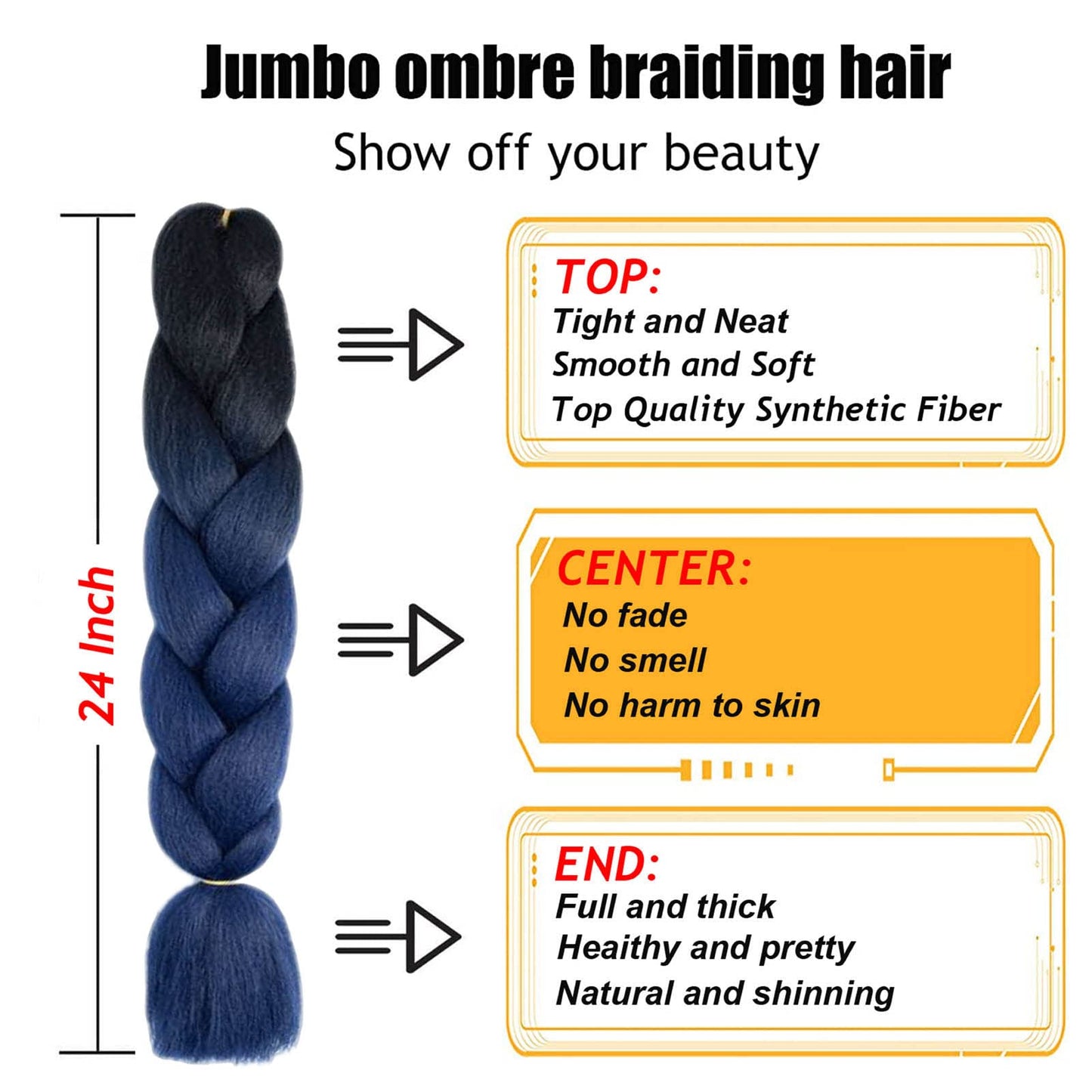 Ombre Braiding Hair Extensions for Women 6 Packs/24 Inch Braiding Hair Fiber Crochet Hair for Box Braids Senegal Twist Hair Extensions(24" (Pack of 6),Black to Dark Blue)