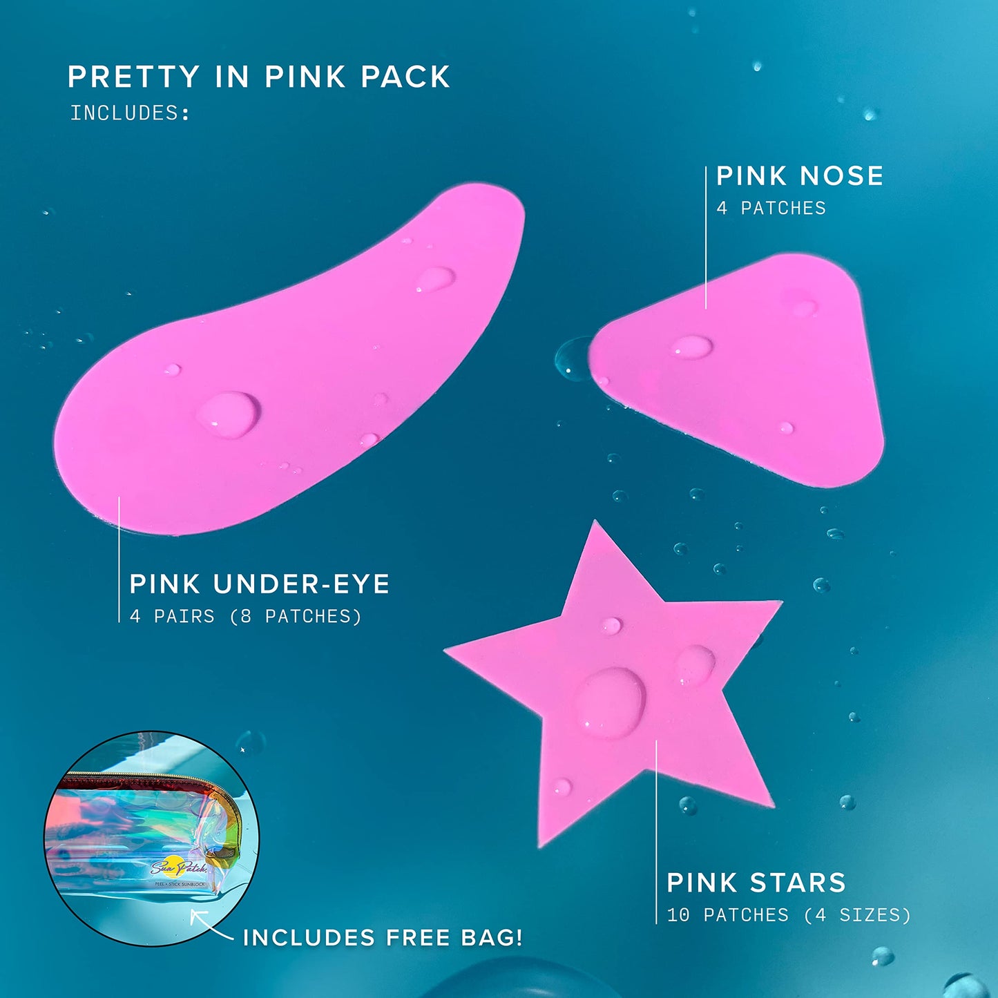 Sun Patch, Reusable Sunblock Patches, 100% Silicone Sunscreen Patches for UV Protection with UPF 50, Includes Under Eye Patches, Nose Patches, Stars, and Zipper Pouch, 3 Pack, Pink