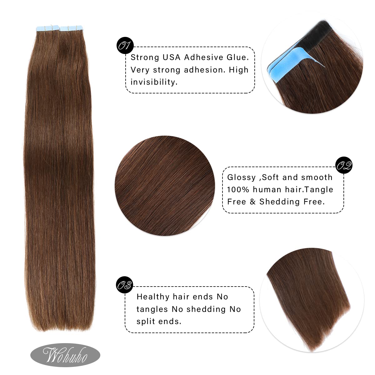 Tape in Hair Extensions Human Hair 100% Real Remy Human Hair 50g 20pcs/Set Brazilian Virgin Hair Straight Seamless Invisible Skin Weft Extensions (22 Inch,#4 Chocolate Brown)