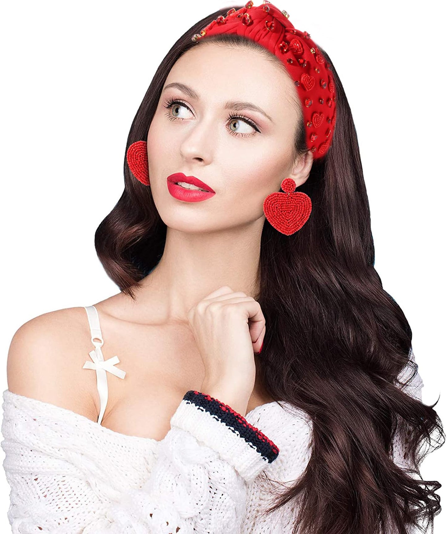 ARATLENCH Valentines Day Headband Red Heart Rhinestone Knotted Valentine Headbands Fashion Valentine's Head Band Hair Accessories Gift for Women Girls