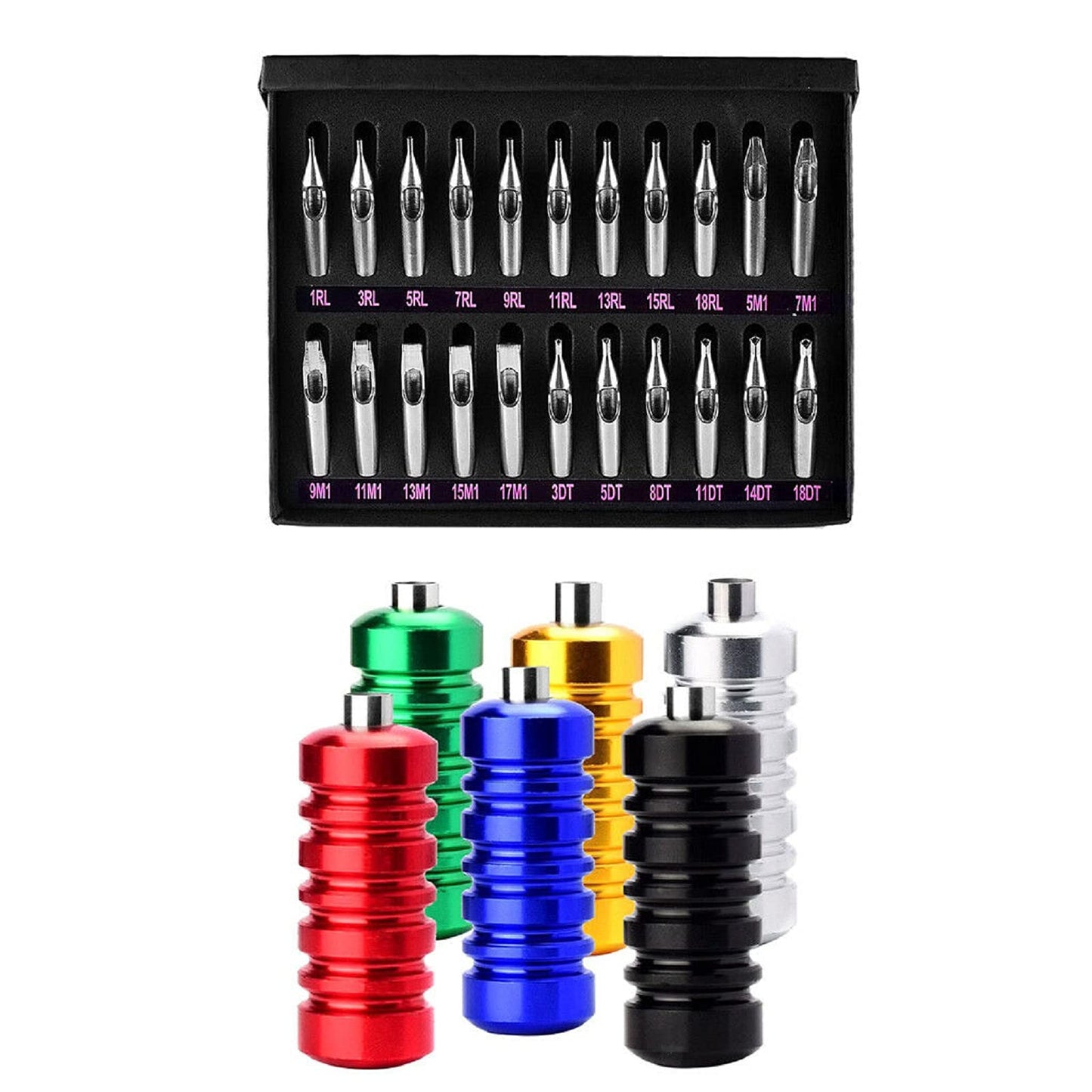 22pcs Tattoo Stainless Steel Tip Set Kit Round/Flat/Diamond RT FT DT Tube + 6 Grips