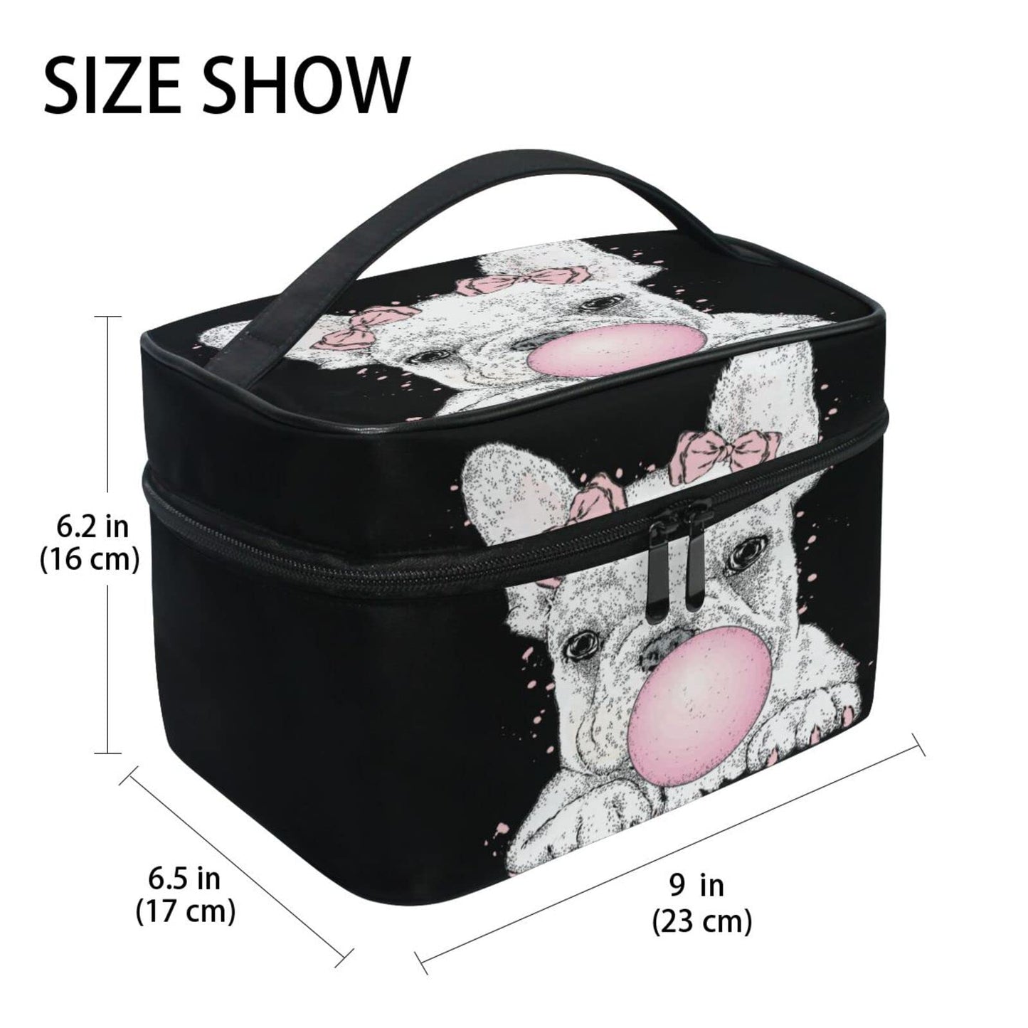 ZOEO Makeup Train Case Pink Bulldog Puppy Bubbles Korean Carrying Portable Zip Travel Cosmetic Brush Bag Organizer Large for Girls Women