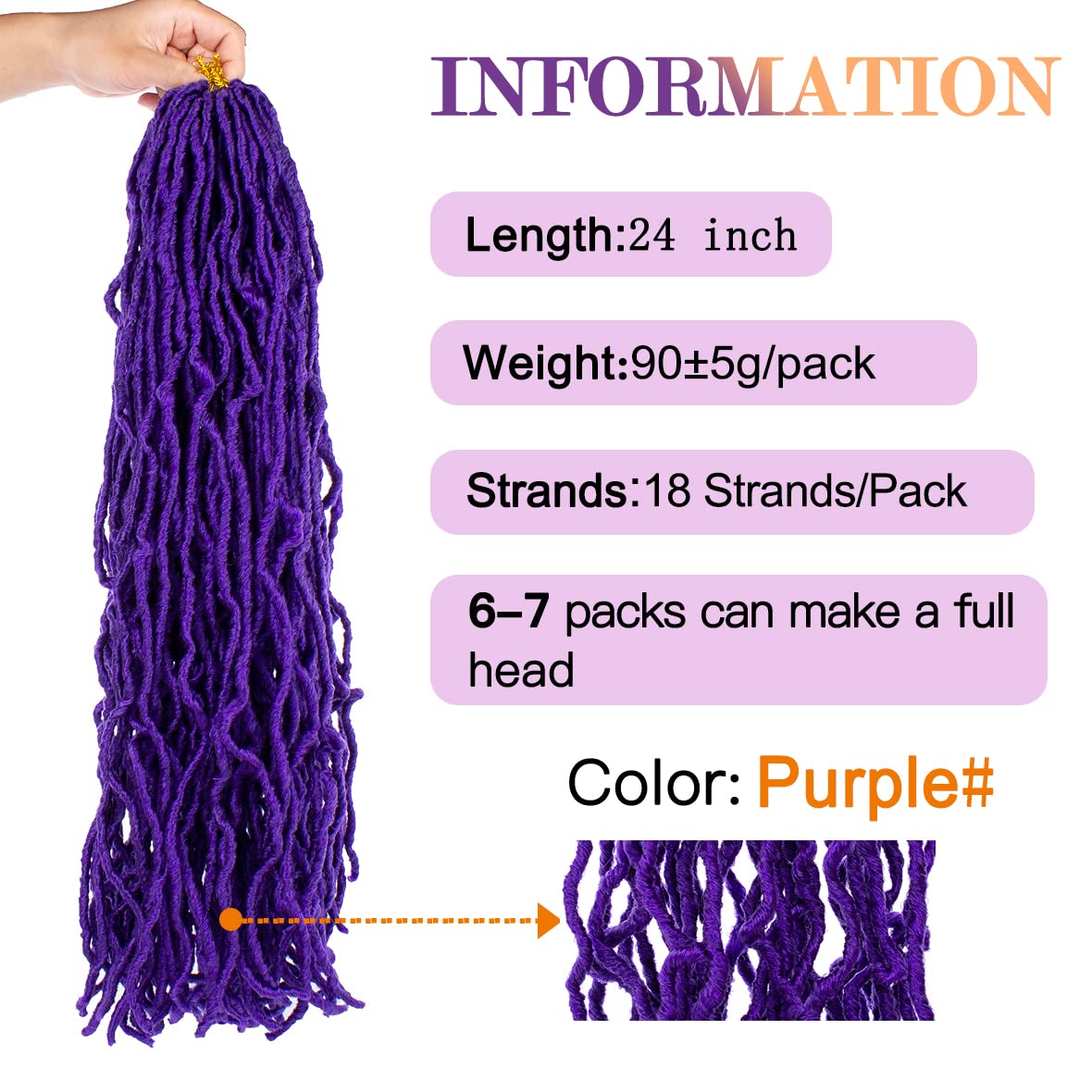 ZRQ 6 Packs Purple Soft Locs 24 Inch Faux Locs Crochet Braids Hair Pre-looped Colorful Locs, Curly Wave Goddess Locs Extended Afro Roots Dreadlocks Hair Extension Purple#