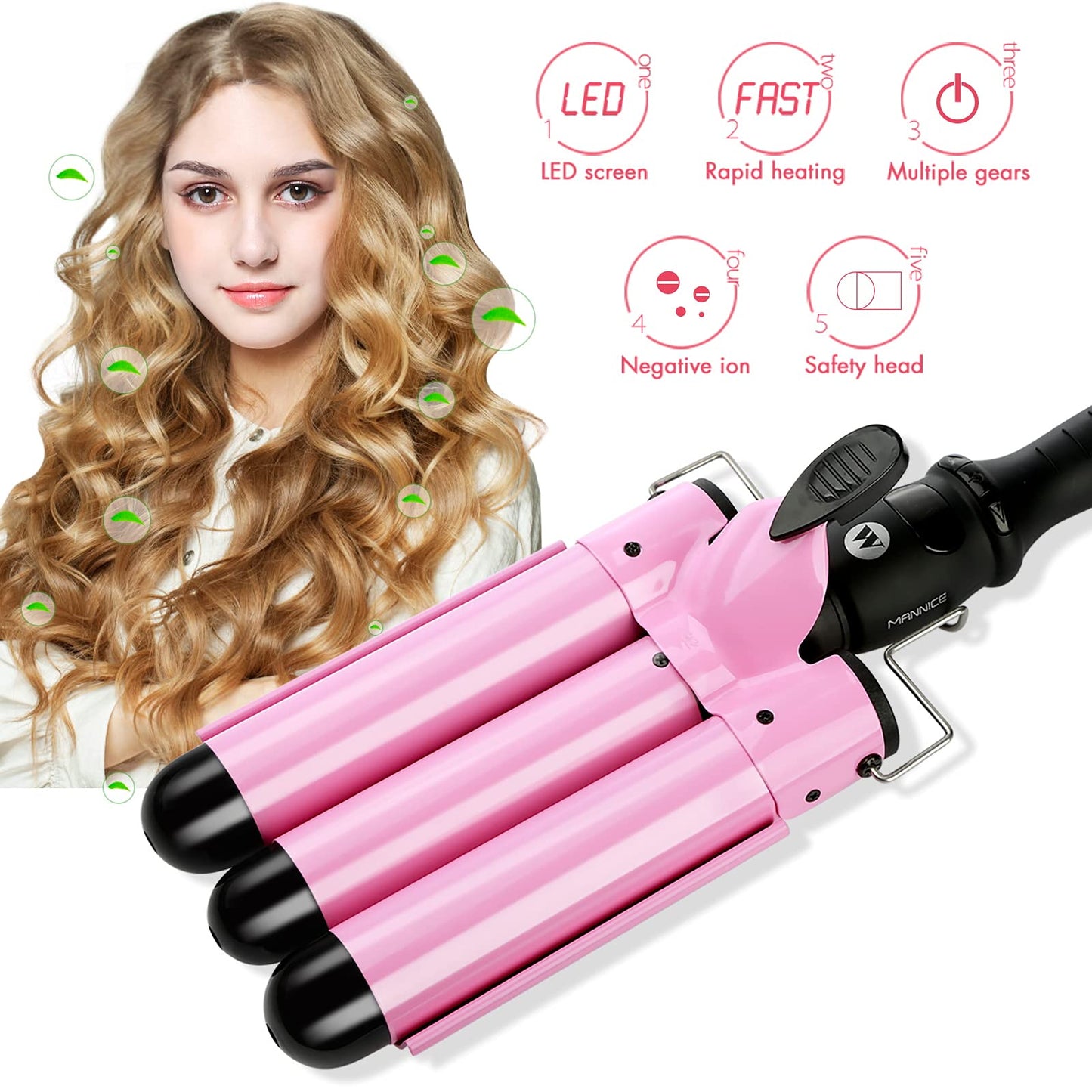 Professional Hair Waver 3 Barrel Curling Iron 32mm Fast Heating Hair Crimper Iron Triple Hair Curler with LCD Display Temperature Adjustable Ceramic Beach Hair Waver Wand for Beachy (1.26Inch (32mm))