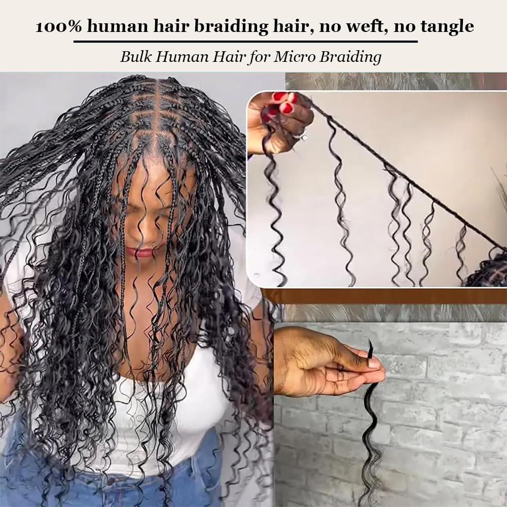 22 Inch Human Braiding Hair for Boho Braids Human Hair 100g 2 Bundles Deep Wave Bulk Human Hair for Braiding No Weft Curly Braiding Hair Bulk Hair Extensions Real Human Hair Natural Color