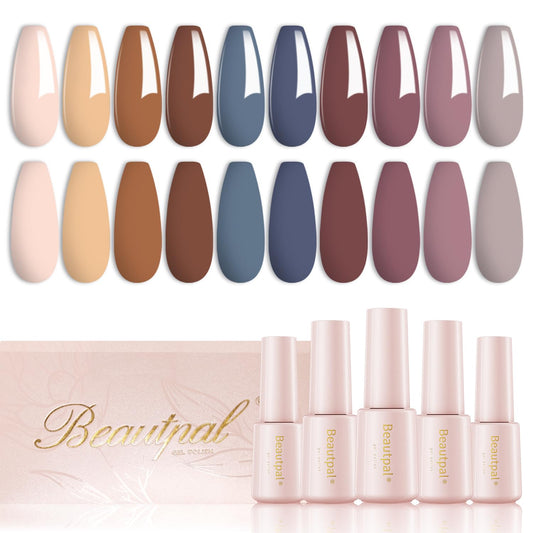 Larvall Beautpal Gel Nail Polish Set, 10 Colors Fall Winter Gel Polish Kit Nude Brown Purple Blue Nail Polish Gel Starter Kit Soak Off Salon Home DIY Nail Art Gifts for Girls Women