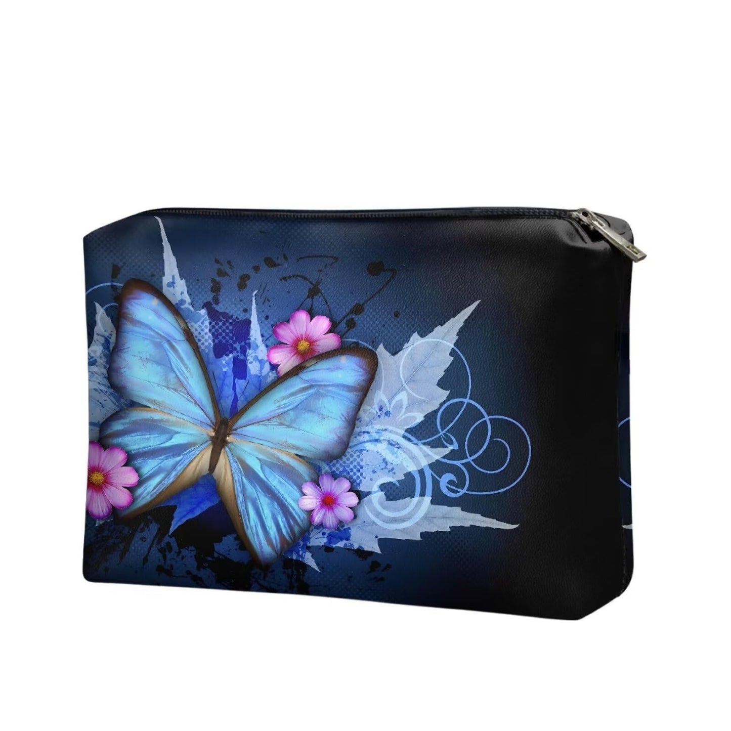 ELEDIZI Blue Butterfly Makeup Bag Leather Lipstick Case Portable Toiletry Pouch Purse Size Cosmetic Bags for Women Waterproof Makeup Brush Pouch Aesthetic Clutch Wallet Birthday Day Gifts for Her