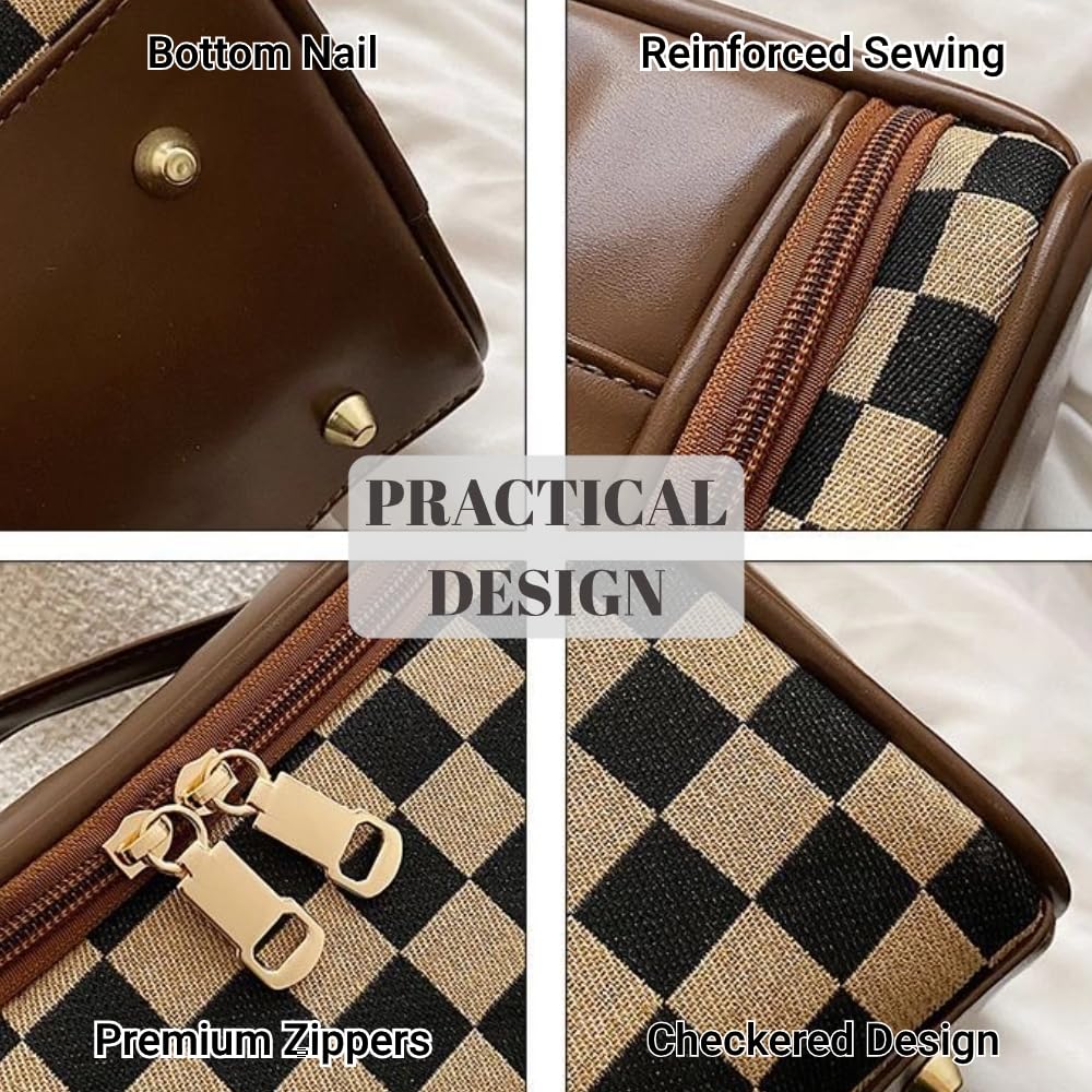 Waztyuk Checkered Makeup Bag Travel Purse Toiletry Bag Women Cute Cosmetic Case Portable Hanging Organizer for Essentials (Brown)