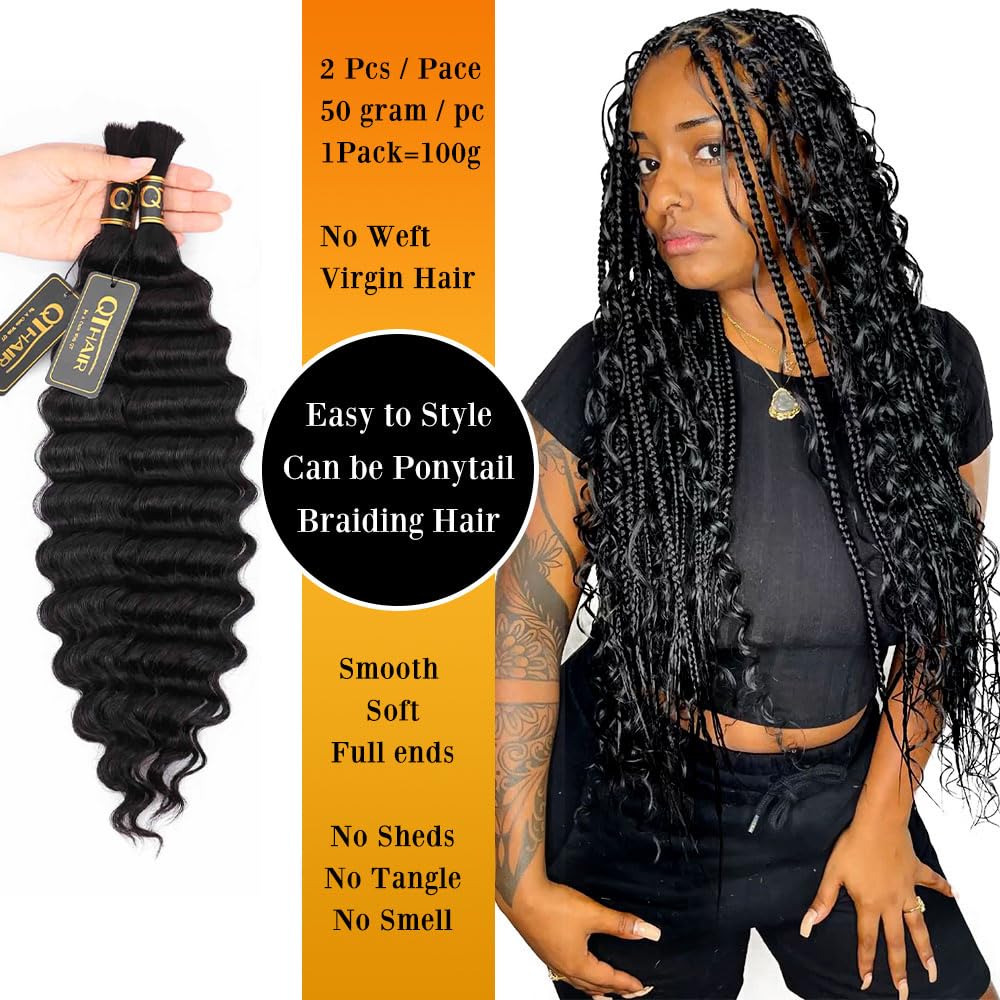 QTHAIR Deep Wave Bulk Human Hair For Braiding No Weft (24"#1 Jet Black) 16A 100% Unprocessed Brazilian Deep Wave Human Hair Virgin Hair Extensions Two Bundles Micro Braiding