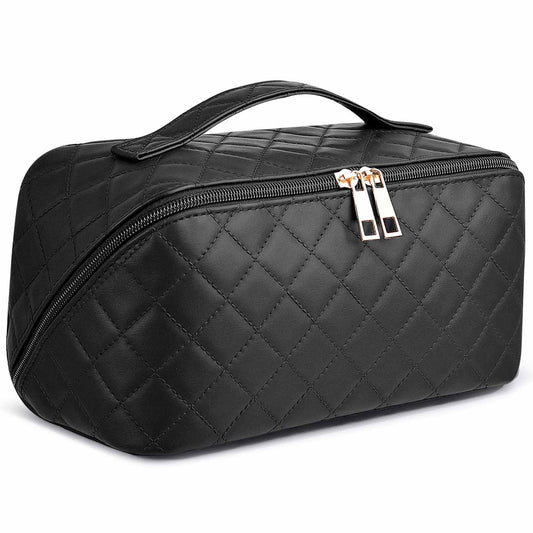 SLUKULU Large Travel Makeup Bag with Multiple Compartments, Waterproof and Easy to Clean. Cute Square Ladies Cosmetics Pouch with Carry Handle for Easy Carrying. (Diamond check/black)