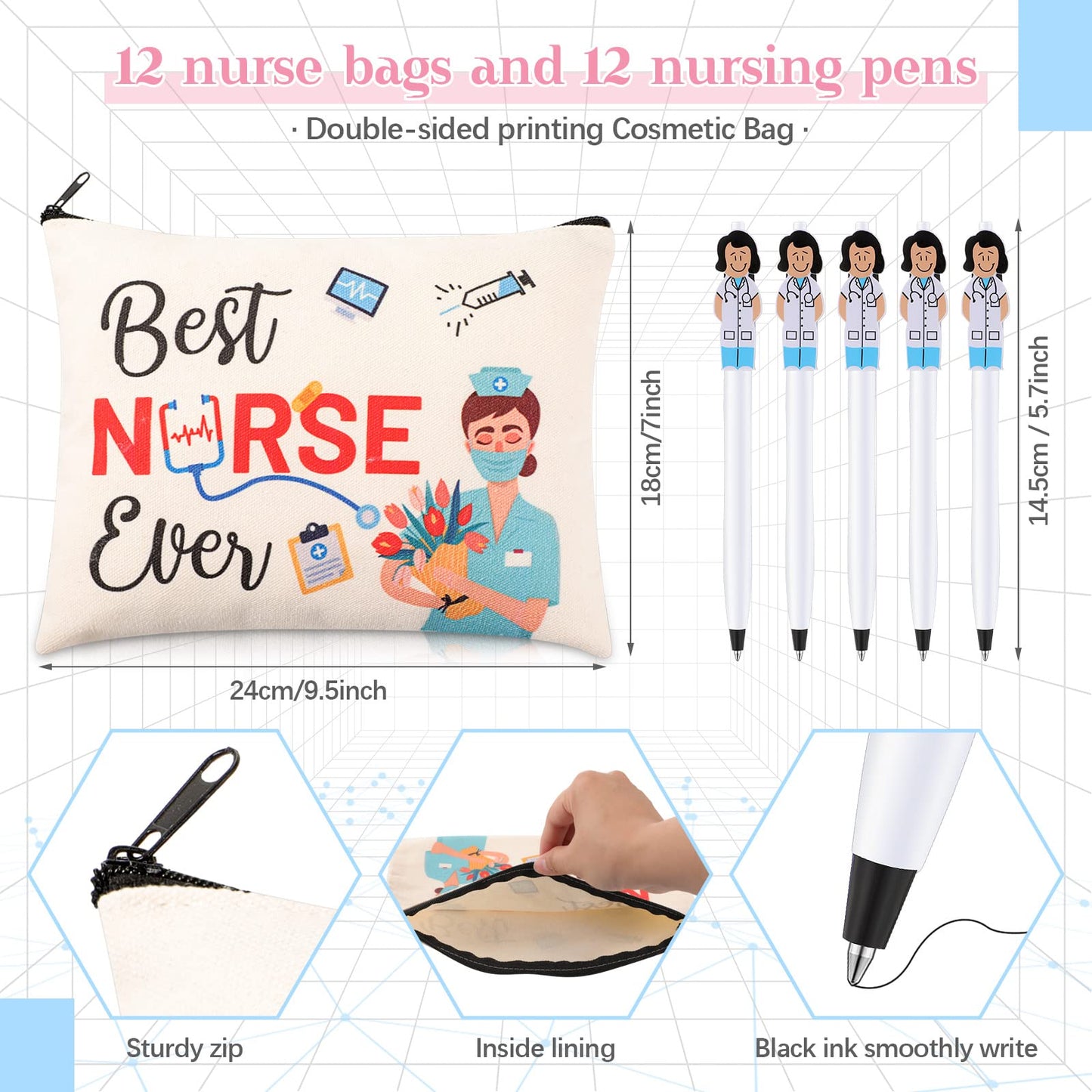 24 Pieces Nurse Appreciation Gifts Set, 12 Nurse Makeup Cosmetic Bag with 12 Cute Doctor Nurse Ballpoint Pens, Nurse Practitioner Gifts Christmas Gifts Nurse Week Day Gifts for Nurse (Classic Style)