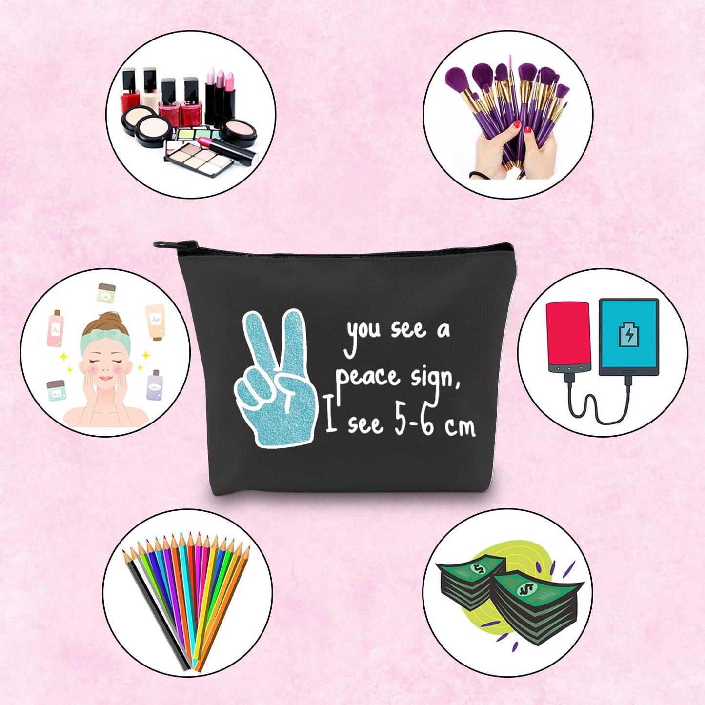 TSOTMO Novelty Labor & Delivery Nurse Gift You See A Peace Sign I See 5-6 cm OBGYN Zipper Pouch Makeup Bag (BLK-Peace Sign)