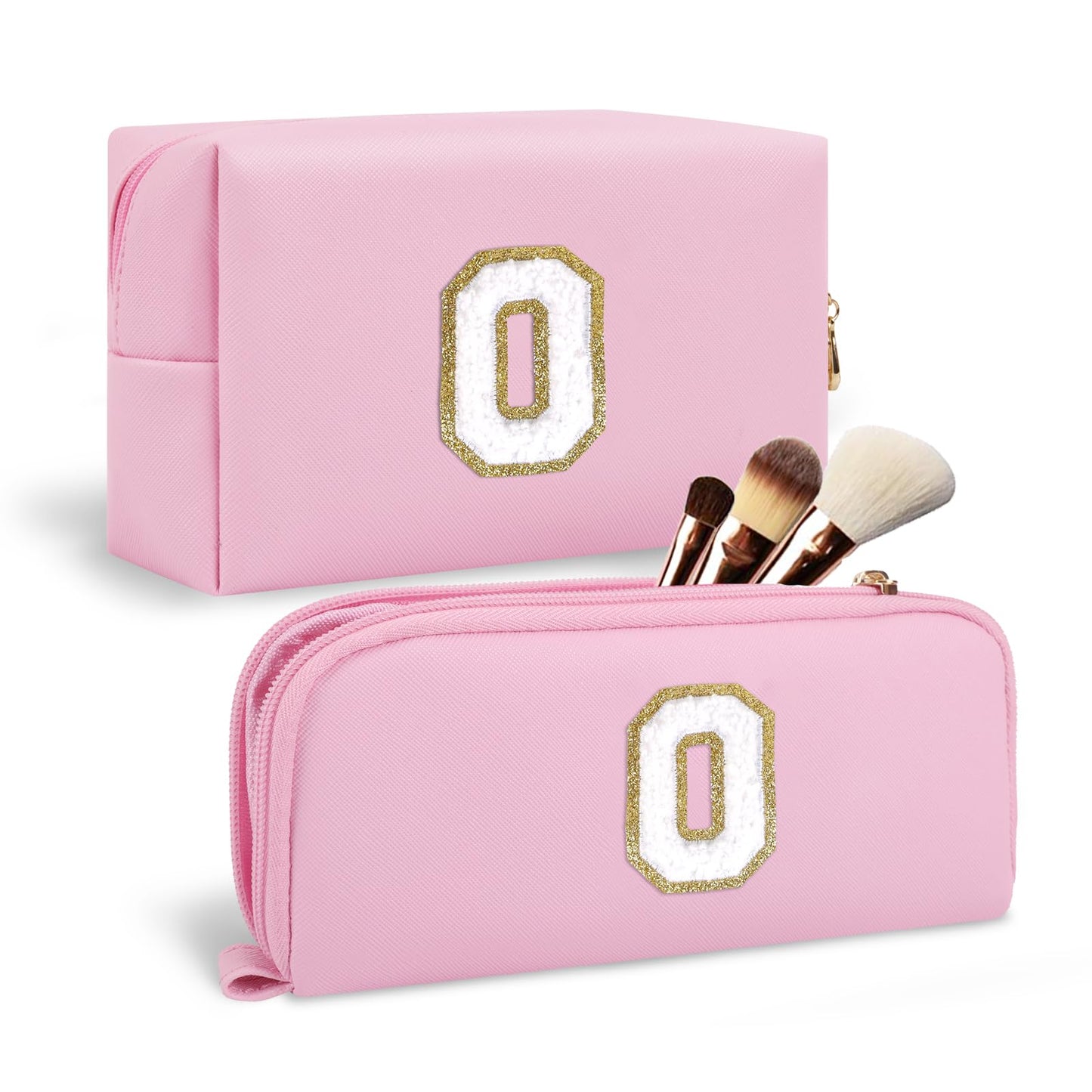 2Pack Personalized Initial Letter Patch Makeup Bag,Pink Preppy Cosmetic Bag with Small Makeup Brush Bag,Cute Waterproof PU Travel Toiletry Pouch,Gift Ideal for Her Birthday Friend Mom Teacher,Letter O