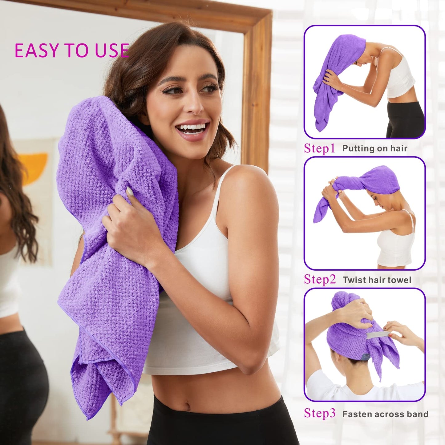 BYCOO Large Microfiber Hair Towel Wrap for Women, Anti Frizz Hair Drying Towel with Elastic Strap, Fast Dry | Super Absorbent | Quick Dry Hair Turban for Wet, Curly, Long & Thick Hair -Purple