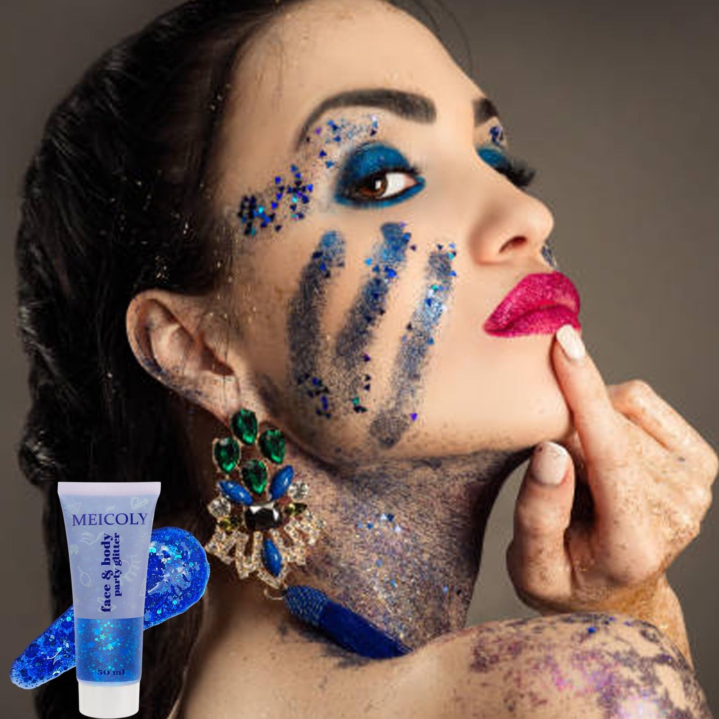 MEICOLY Blue Face Body Glitter,Patriotic Veterans Day Independence Day Sparkle 4th of July Pride Face Paint Makeup,Festival Rave Accessories Sparkling Mermaid Body Glitter Gel for Women,50ml