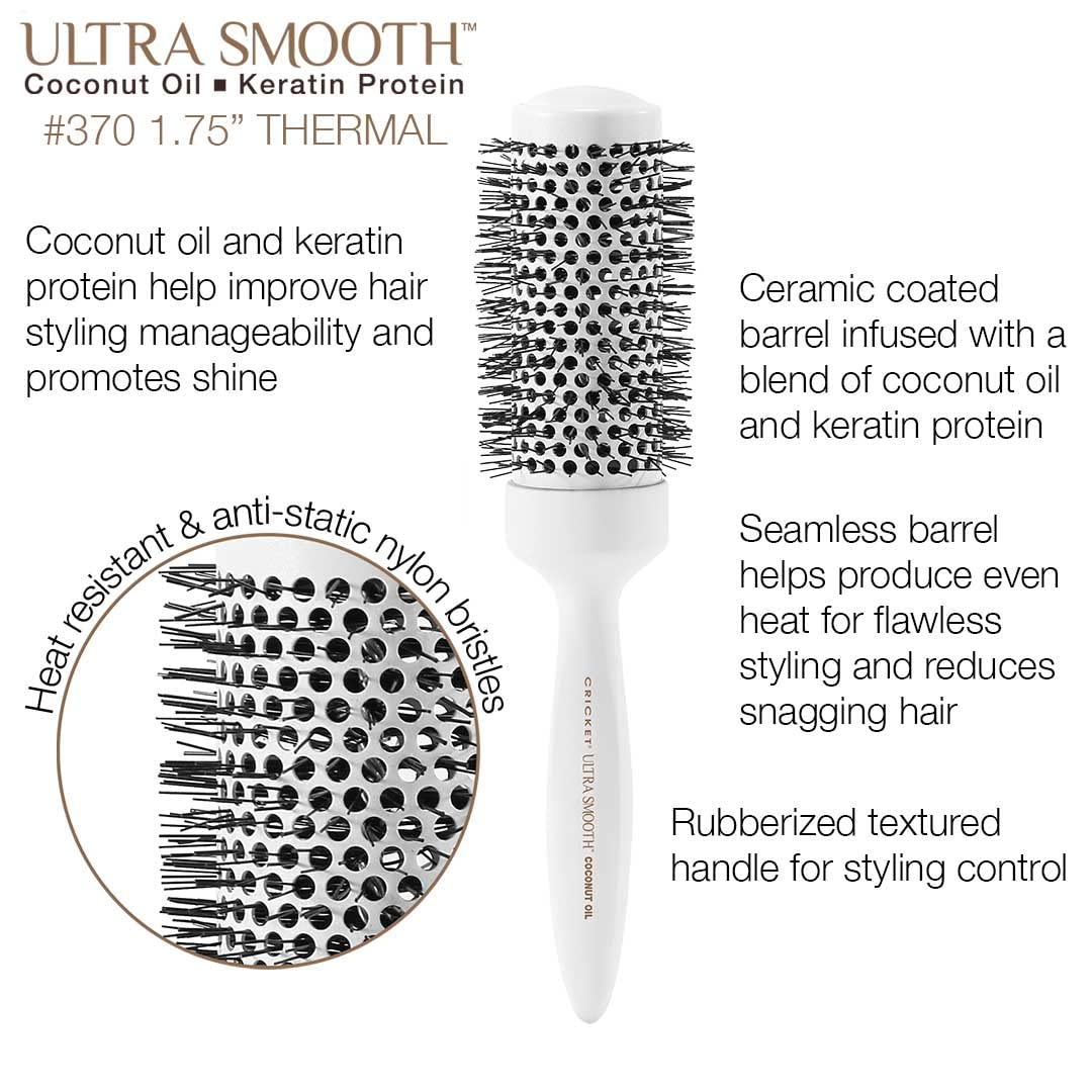 Cricket Ultra Smooth Coconut 1.75” Thermal Ceramic Barrel Hair Brush Anti-Static Heat-Resistant Hairbrush for Blow Drying, Curling and Styling All Hair Types White