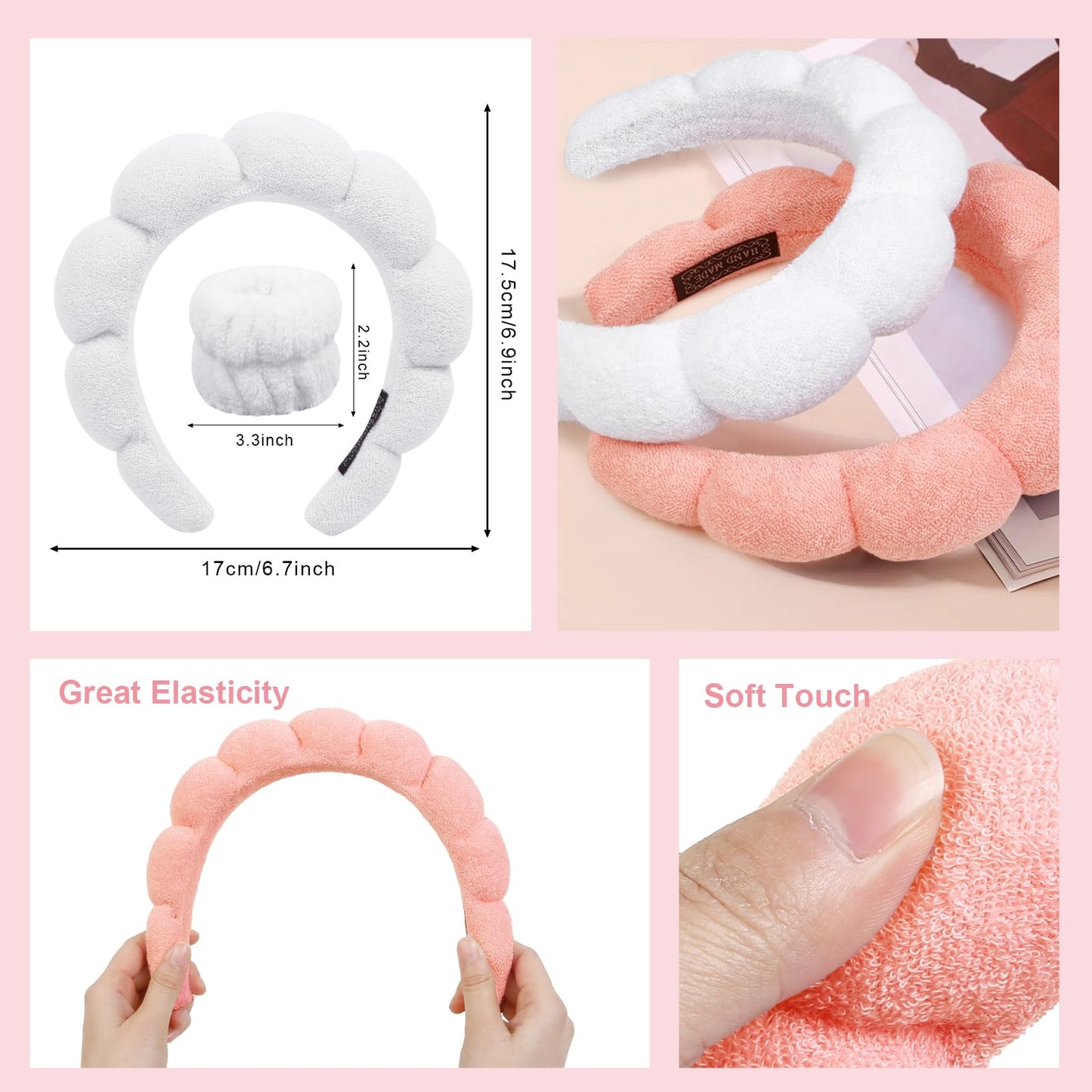 Huachi Spa Headbands for Washing Face Makeup Headband, Set of 4 Puffy Terry Cloth Women Girls Skincare Headband and Wrist Band Bubble Sponge Face Wash Hair Accessories (Pink & White)